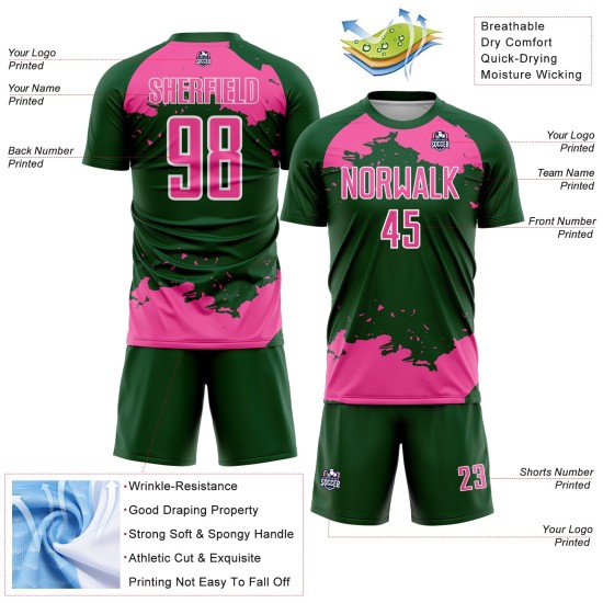 Maglia da calcio personalizzata con stampa a sublimazione astratta, verde, rosa e bianco, frammento uniforme