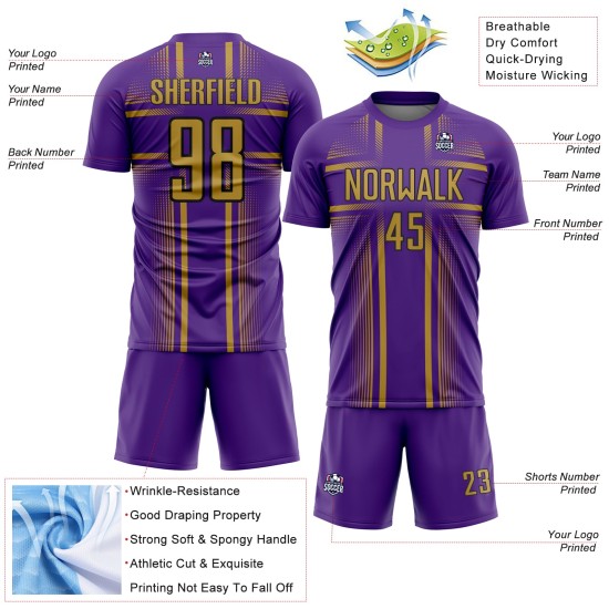 Maglia da calcio personalizzata con linee viola uniforme stampata a sublimazione, oro antico-nero
