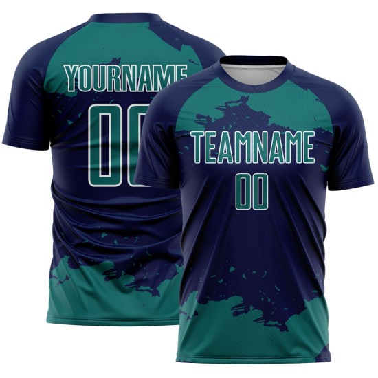Frammento di sublimazione astratta personalizzata maglia blu navy uniforme da calcio arte verde acqua-bianco