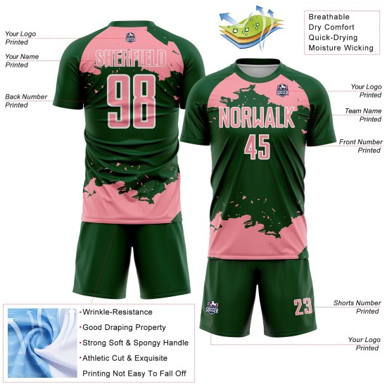 Frammento di uniforme da calcio con stampa a sublimazione astratta rosa-bianca su maglia verde personalizzata