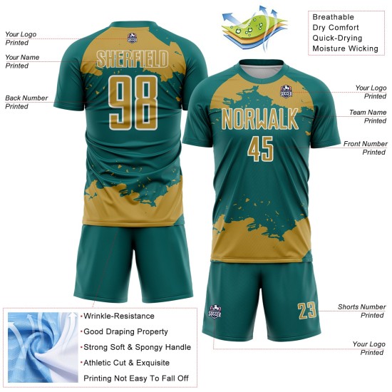 Frammento di arte astratta della vecchia maglia con sublimazione, uniforme da calcio personalizzata in oro e bianco, verde acqua