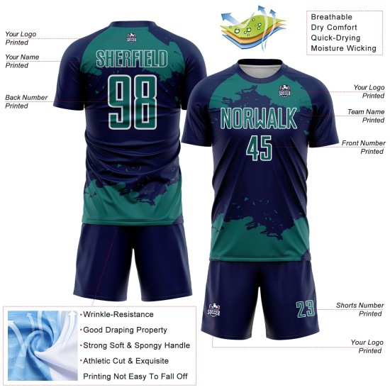 Frammento di sublimazione astratta personalizzata maglia blu navy uniforme da calcio arte verde acqua-bianco