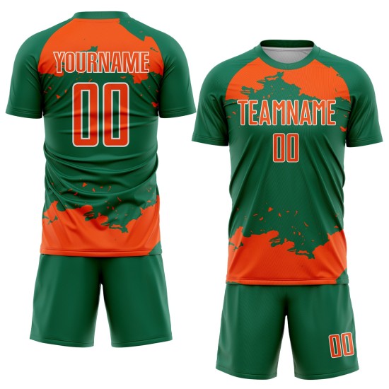 Maglia da calcio uniforme astratta con arte personalizzata in sublimazione, frammento arancione-bianco Kelly Green