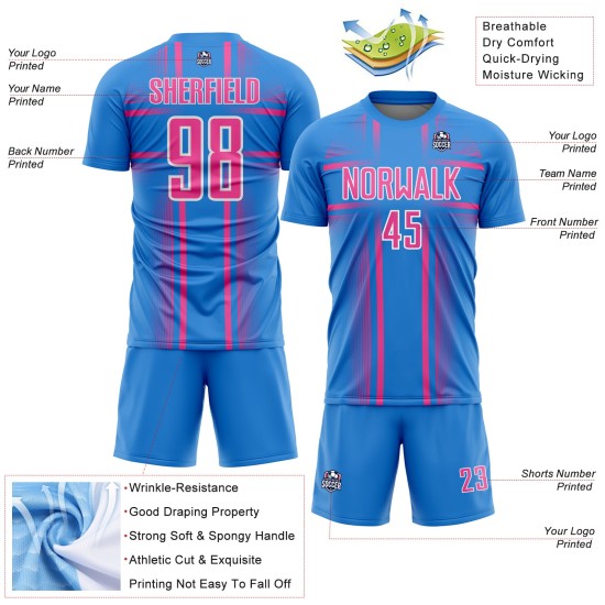 Maglia da calcio personalizzata con stampa sublimatica delle linee blu, uniforme rosa-bianca