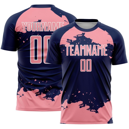 Maglia da calcio personalizzata con stampa a sublimazione, motivo astratto rosa-bianco blu navy, frammento d'arte di medie dimensioni