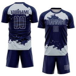 Maglia da calcio blu navy argento-bianca, frammento di uniforme astratta personalizzata, stampata a sublimazione artistica