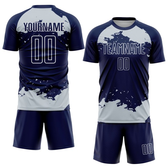 Maglia da calcio blu navy argento-bianca, frammento di uniforme astratta personalizzata, stampata a sublimazione artistica