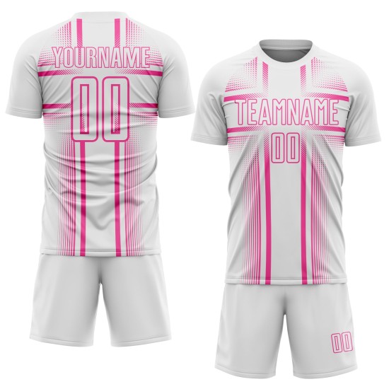 Maglia da calcio con stampa a sublimazione uniforme, linee personalizzate bianche e rosa