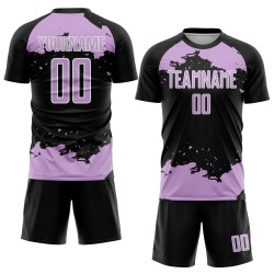 Maglia da calcio personalizzata con frammento di uniforme, stampata a sublimazione, nera, viola e bianca, astratta