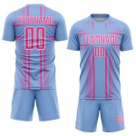 Maglia da calcio uniforme rosa chiaro-bianco blu con linee personalizzate per sublimazione