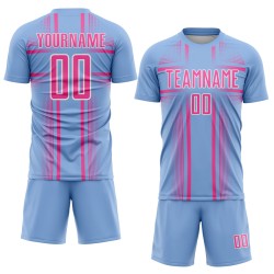 Maglia da calcio uniforme rosa chiaro-bianco blu con linee personalizzate per sublimazione