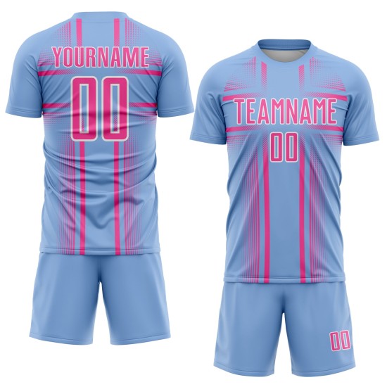 Maglia da calcio uniforme rosa chiaro-bianco blu con linee personalizzate per sublimazione
