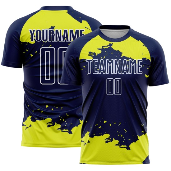 Maglia personalizzata, uniforme, arte, giallo-bianco, neon, astratto, calcio, frammento blu navy, sublimazione