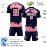 Maglia da calcio personalizzata con stampa a sublimazione, motivo astratto rosa-bianco blu navy, frammento d'arte di medie dimensioni