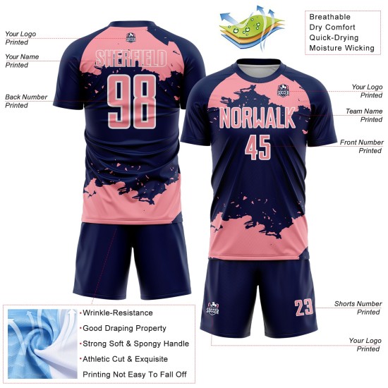 Maglia da calcio personalizzata con stampa a sublimazione, motivo astratto rosa-bianco blu navy, frammento d'arte di medie dimensioni