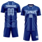 Maglia da calcio personalizzata Royal Soccer con linee chiare stampate a sublimazione, blu e bianco