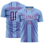 Maglia da calcio blu chiaro con stampa sublimatica viola-bianca, uniforme personalizzata