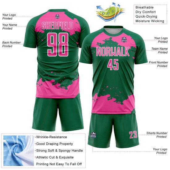 Maglia da calcio Kelly uniforme con stampa astratta, stampata a sublimazione, colore rosa-bianco, frammento verde personalizzato