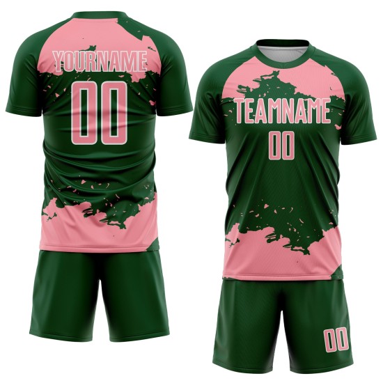 Frammento di uniforme da calcio con stampa a sublimazione astratta rosa-bianca su maglia verde personalizzata