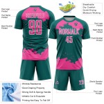 Maglia da calcio personalizzata con frammento astratto color verde acqua, uniforme rosa-bianca, stampata a sublimazione artistica