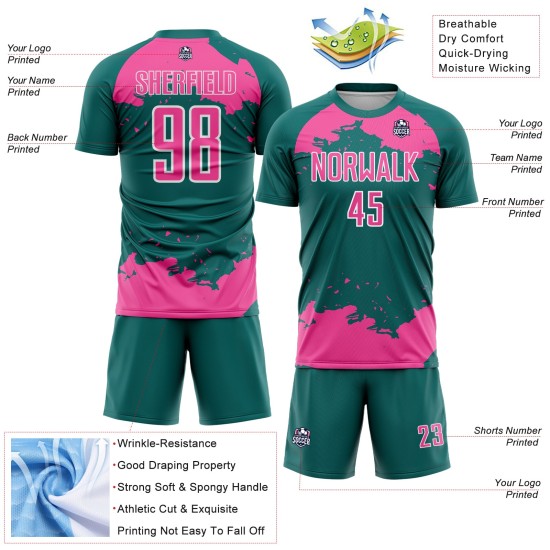Maglia da calcio personalizzata con frammento astratto color verde acqua, uniforme rosa-bianca, stampata a sublimazione artistica