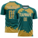 Frammento di arte astratta della vecchia maglia con sublimazione, uniforme da calcio personalizzata in oro e bianco, verde acqua
