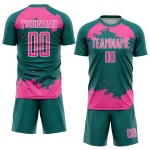 Maglia da calcio personalizzata con frammento astratto color verde acqua, uniforme rosa-bianca, stampata a sublimazione artistica