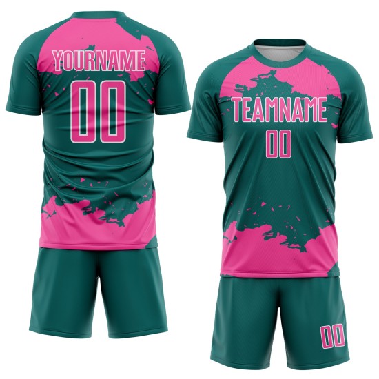 Maglia da calcio personalizzata con frammento astratto color verde acqua, uniforme rosa-bianca, stampata a sublimazione artistica