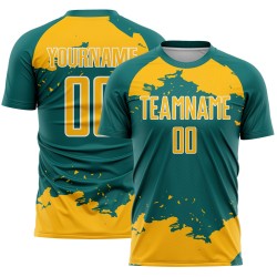 Frammento di sublimazione di uniforme da calcio verde acqua astratta in oro e bianco personalizzato
