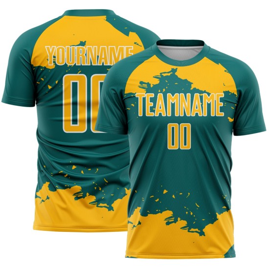 Frammento di sublimazione di uniforme da calcio verde acqua astratta in oro e bianco personalizzato